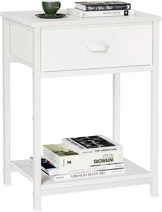 White Nightstand with Fabric Drawer, Small Side Table for Small Spaces, 2 Tiers Storage Shelves End Table, Night Stand for Living Room, Bedroom, Dorm