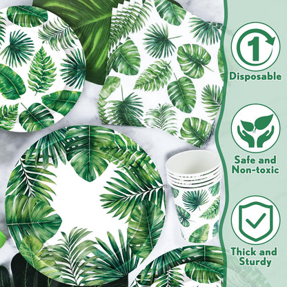24 Sets Hawaiian Luau Party Decorations, Tropical Palm Leaf Disposable Tableware Set, 7 and 9 in round Paper Plates for Summer Themed Events Aloha Birthday Party Supplies, Serves 24