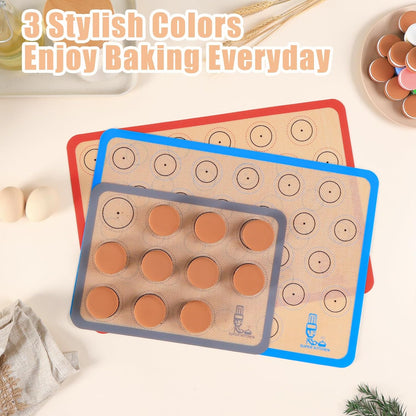 Silicone Baking Mat Macaron - Set of 3 (2 Half Sheet Liners and 1 Quarter Sheet), Non Stick Silicon Cookie Oven Liner for Macaroons, Bake Pans, Pizza, Toaster, Cake and Bread Making (Red,Blue,Gray)