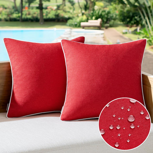 Set of 2 Outdoor Waterproof Decorative Throw Pillow Covers - Solid Color Farmhouse Linen for Patio, Tent, Bed, Balcony, Couch, Sofa, Living Room - 18x18 Inch Red