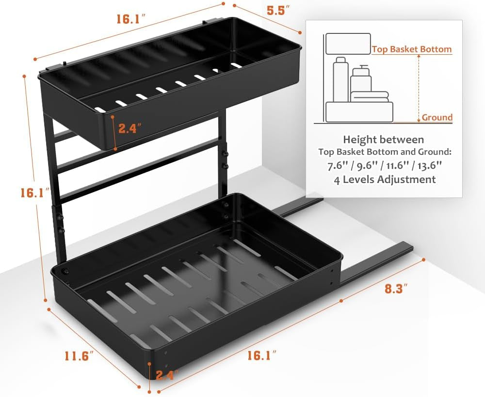 Height Adjustable 2 Tier Metal Pull Out Slide Shelf Organizer for under Sink Cabinets in Kitchen, Bathroom, with Snap-On Top Tray, 16" Deep (Black, 2 Sets)