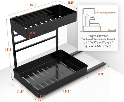 Height Adjustable 2 Tier Metal Pull Out Slide Shelf Organizer for under Sink Cabinets in Kitchen, Bathroom, with Snap-On Top Tray, 16" Deep (Black, 2 Sets)