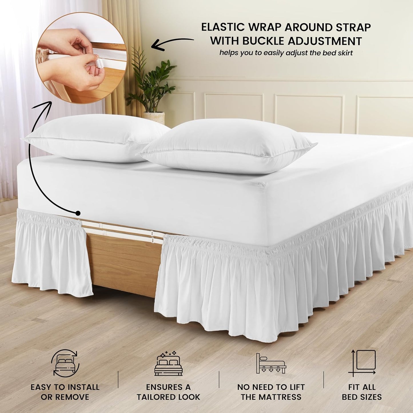 Full Elastic Bed Ruffle - Easy Wrap around Ruffle - Microfiber Bed Skirt with Adjustable Elastic Belt 16 Inch Tailored Drop - Hotel Quality Bedskirt, Fade Resistant (Full, White)