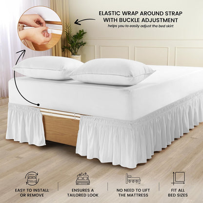 Full Elastic Bed Ruffle - Easy Wrap around Ruffle - Microfiber Bed Skirt with Adjustable Elastic Belt 16 Inch Tailored Drop - Hotel Quality Bedskirt, Fade Resistant (Full, White)