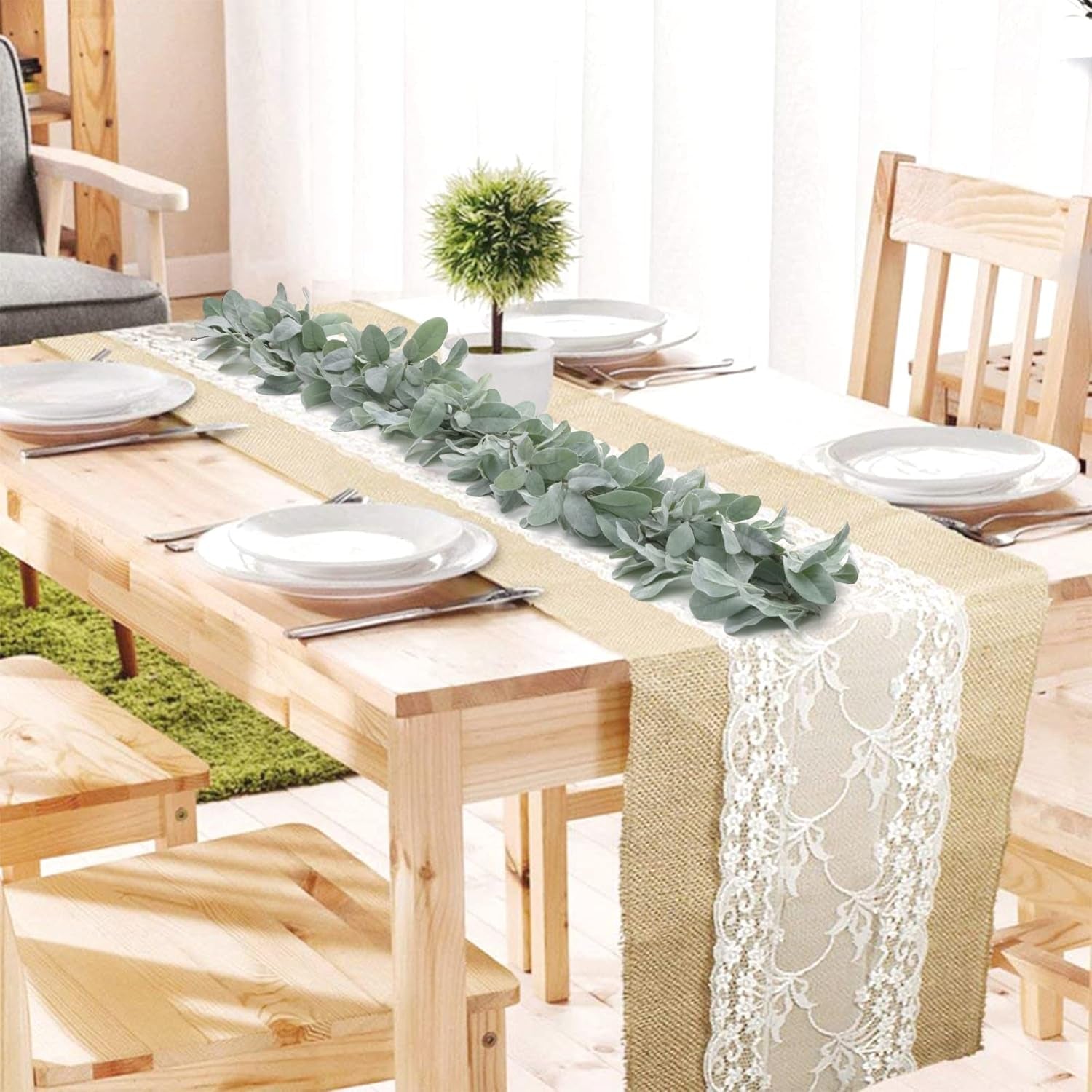 6 Ft Artificial Flocked Lambs Ear Garland - Greenery Vines, Faux Green Leaves for Mantle, Wedding, Home Party Decor, DIY Floral (1 Pack)