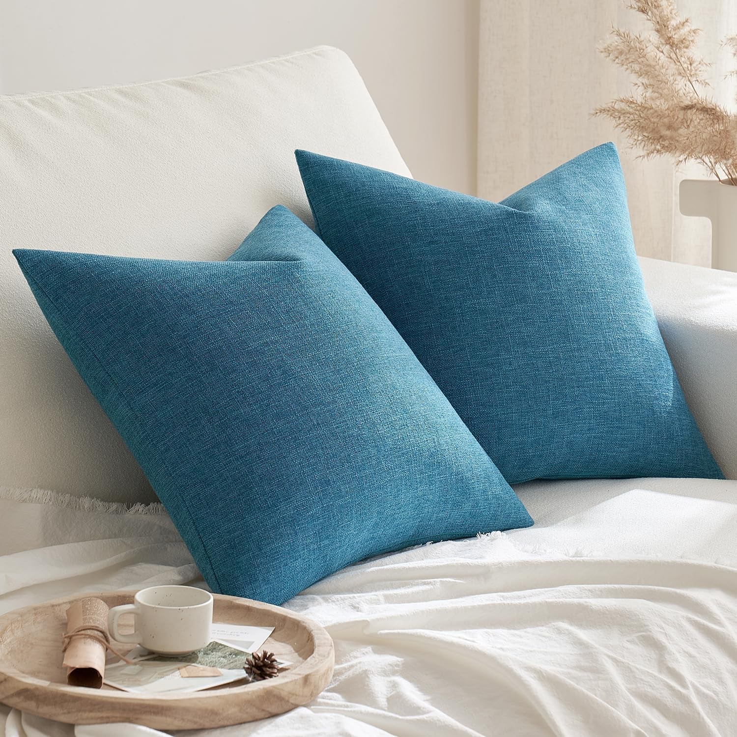 Pack of 2 Decorative Farmhouse Linen Pillow Covers Rustic Boho Accent Outdoor Couch Throw Pillow Covers for Cushion Bed Sofa Living Room Home Decor 18X18 Inch Blue