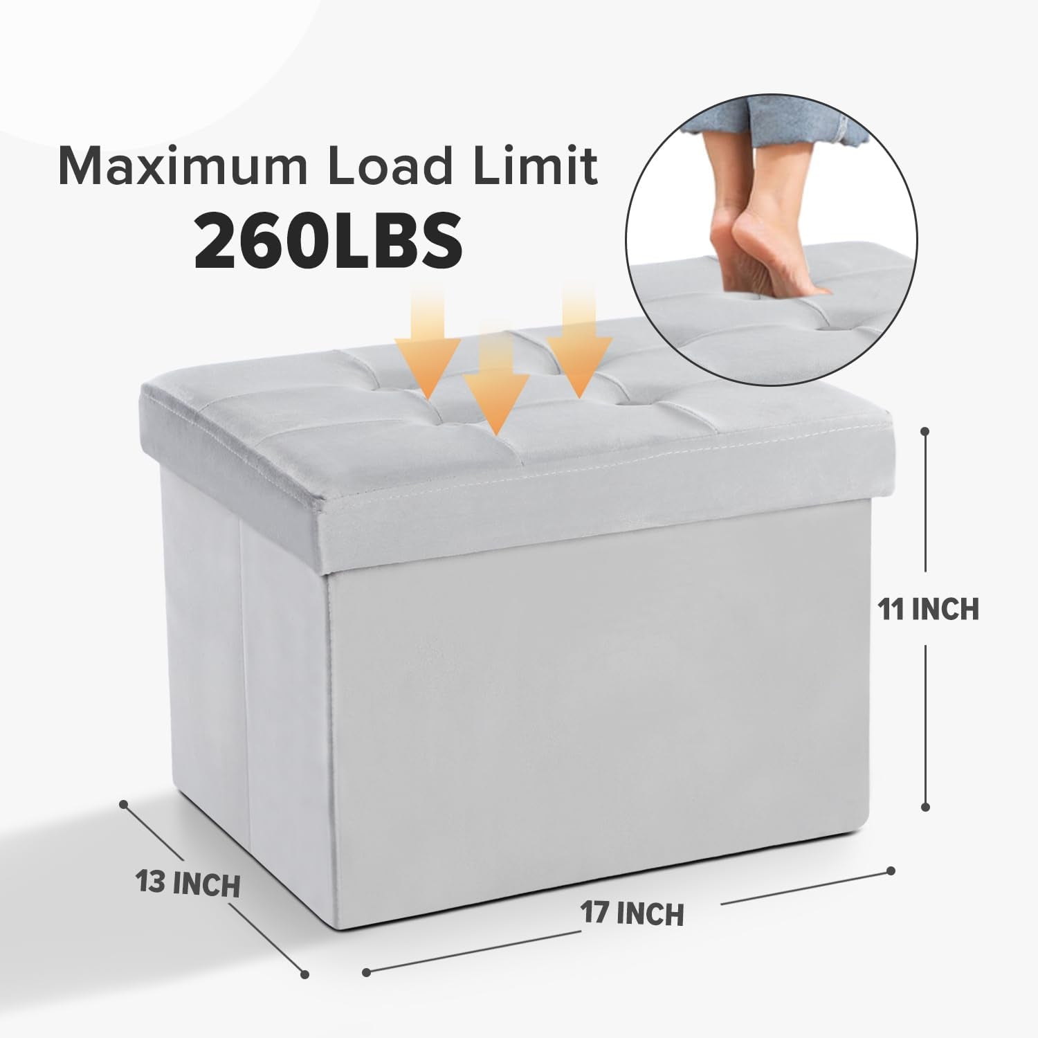Modern Velvet Storage Ottoman and Foot Stool with Padded Design - 17"x13"x11" (Gray)