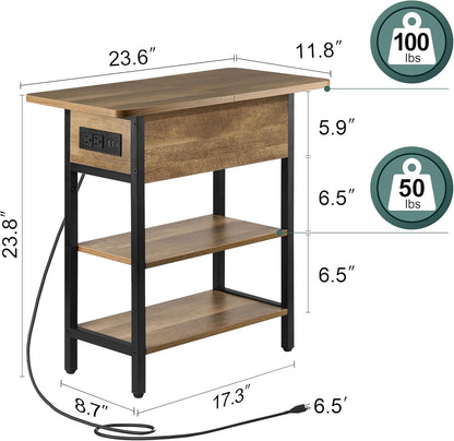 End Table with Charging Station, Flip Top Side Table with USB Ports and Outlets, Sofa Couch Table Bedside Table for Living Room Bedroom, Narrow Nightstand with Storage Shelves for Small Space