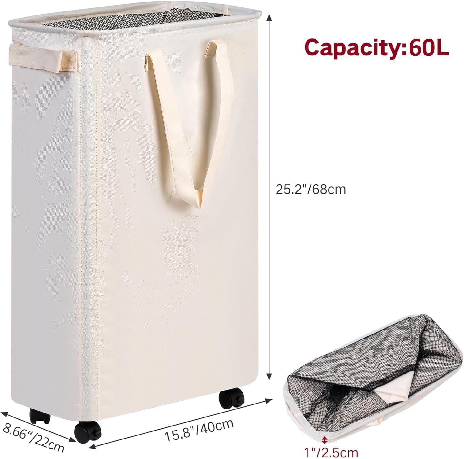 Slim Laundry Hamper with Wheels, Rolling Laundry Basket for Clothes, Small Laundry Basket for Bedroom, Dorm and Laundry Room, 60L (12.7 Gallons) Beige