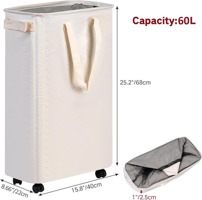 Slim Laundry Hamper with Wheels, Rolling Laundry Basket for Clothes, Small Laundry Basket for Bedroom, Dorm and Laundry Room, 60L (12.7 Gallons) Beige