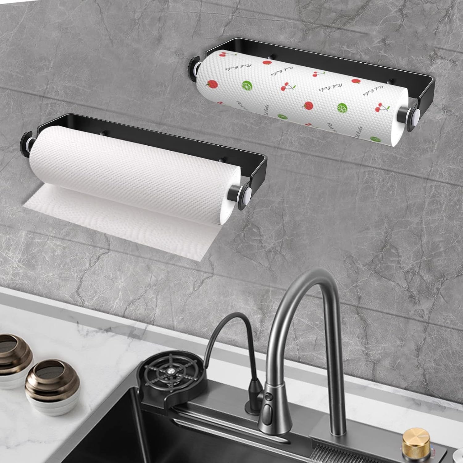 Under Cabinet Paper Towel Holder, Adhesive or Drill Mount Paper Towel Holder, Wall Mount Paper Towel Holders for Kitchen or Bathroom (Black)