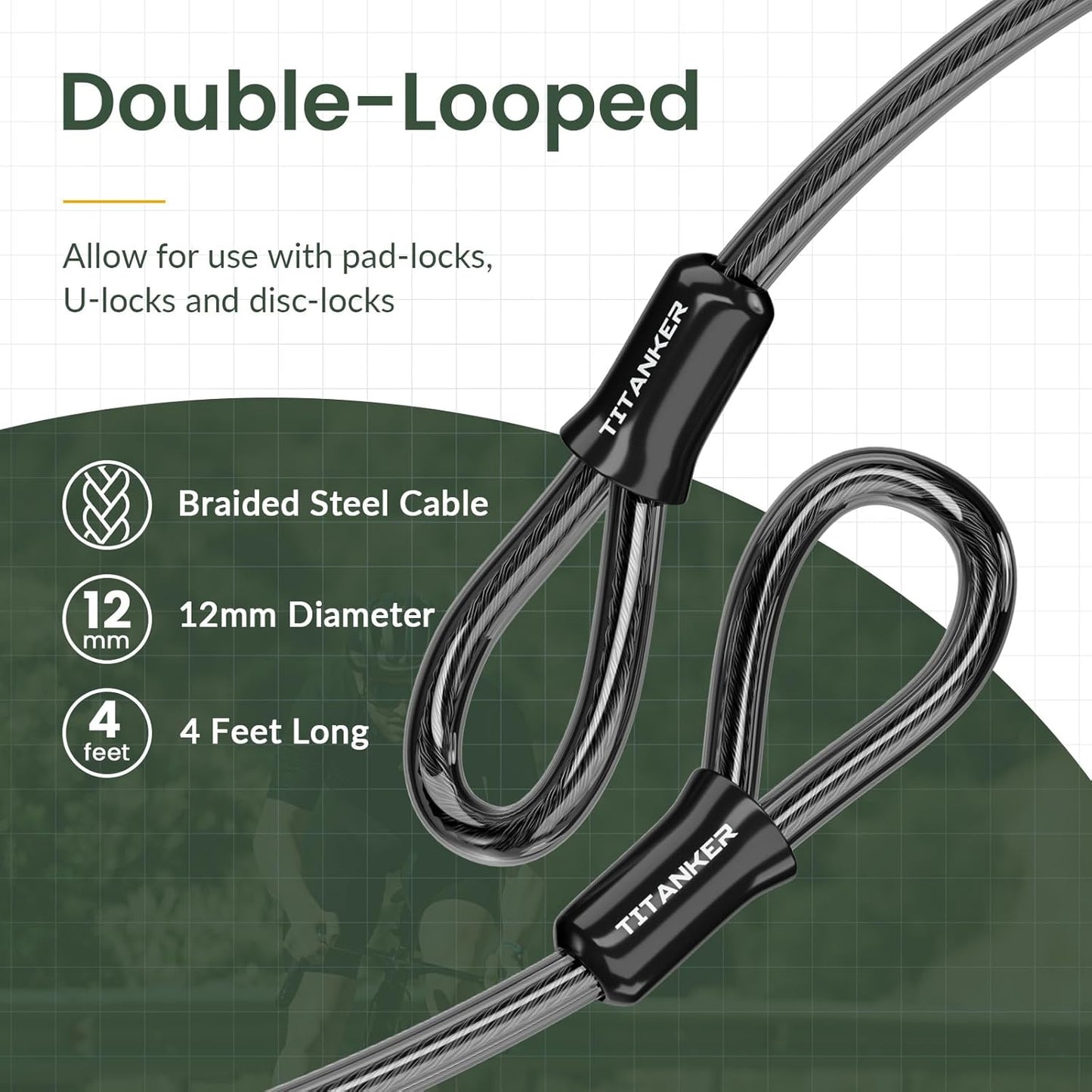 Bike Lock Cable,12Mm Thick Security Cable with Loops Heavy Duty Steel Cable Vinyl Coated Bike Cable Lock Security Chain (4Ft, 7Ft, 15Ft, 30Ft)
