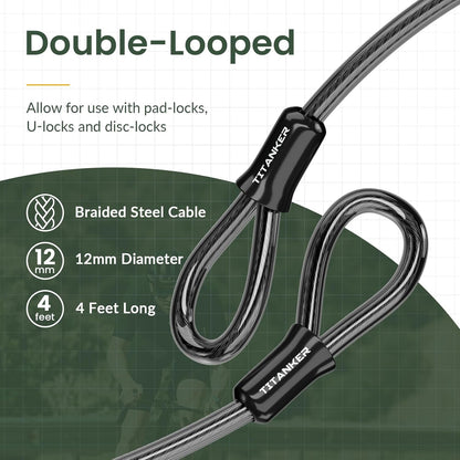 Bike Lock Cable,12Mm Thick Security Cable with Loops Heavy Duty Steel Cable Vinyl Coated Bike Cable Lock Security Chain (4Ft, 7Ft, 15Ft, 30Ft)