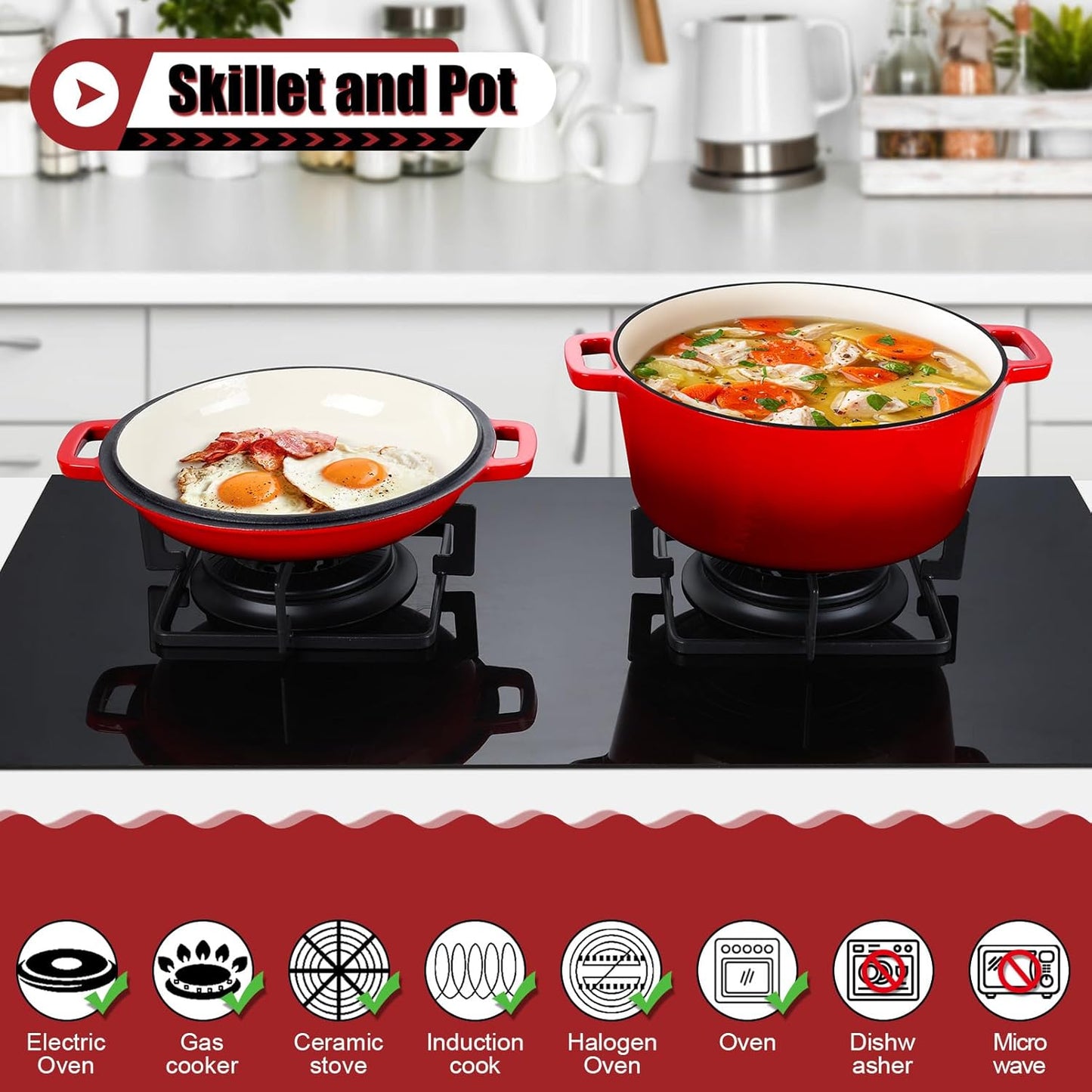 5Qt Dutch Oven Pot for Bread Baking (Red), 2 in 1 round Cast Iron Dutch Oven with Lid Set, Skillet & Pot for Roasting Braising Stewing Frying Simmering, Multi Stoves & Oven Safe