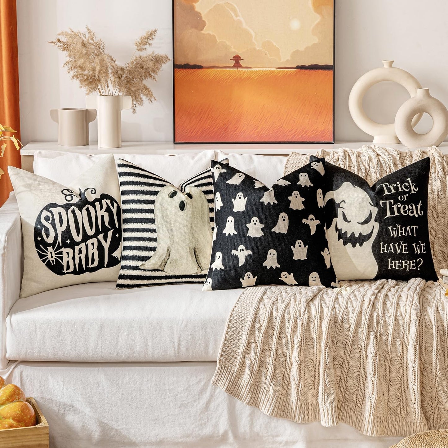 Halloween Pillow Covers 18X18 Inch Spooky Baby Cute Ghost Throw Pillow Covers Horror Scary Cushion Case for Sofa Couch Set of 4 Black