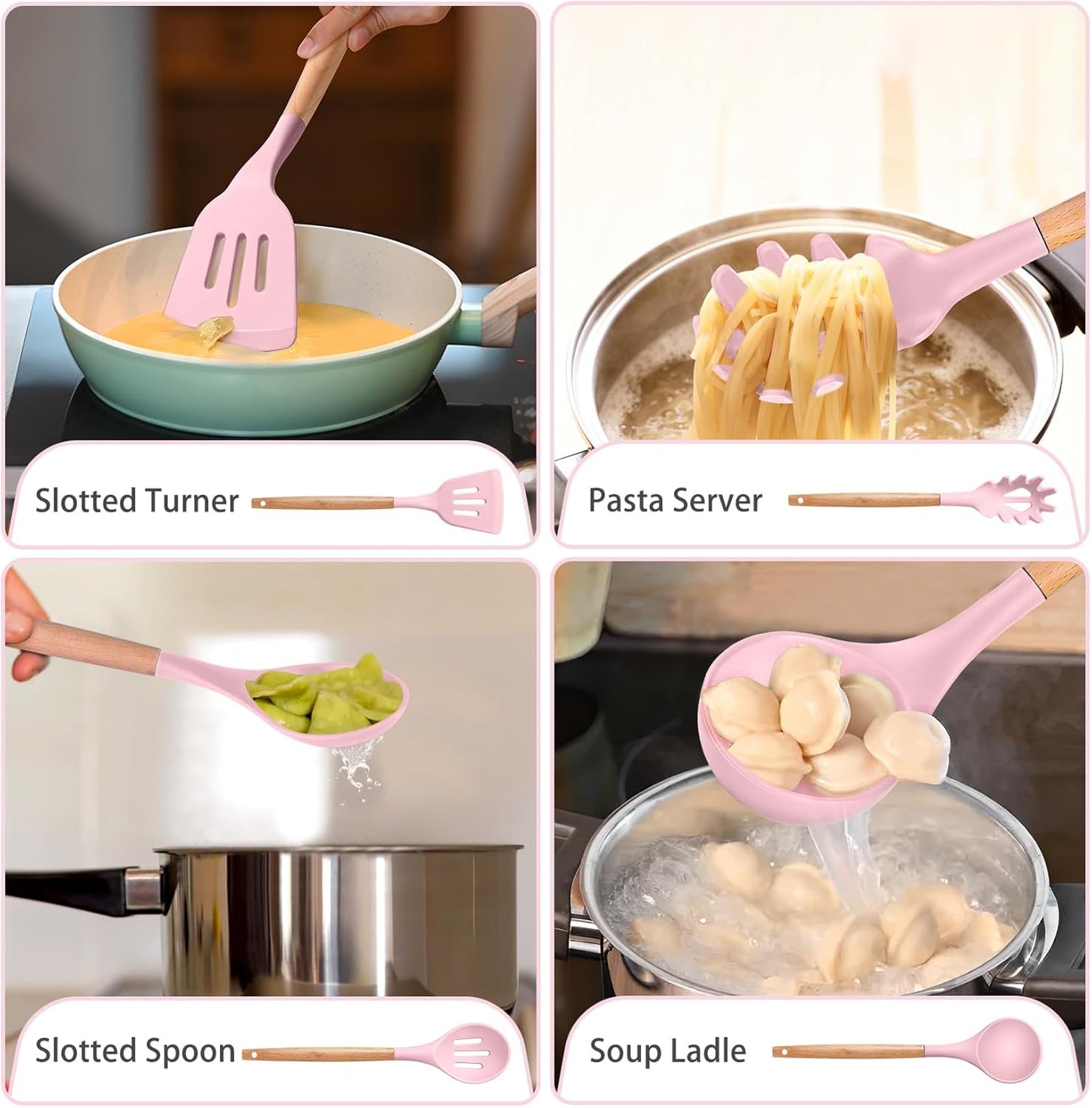 Silicone Cooking Utensils Set, 8-Piece Kitchen Cooking Utensil with Wooden Handle, Silicone Spatula for Nonstick Cookware, Heat-Proof & Easy Clean, Pink