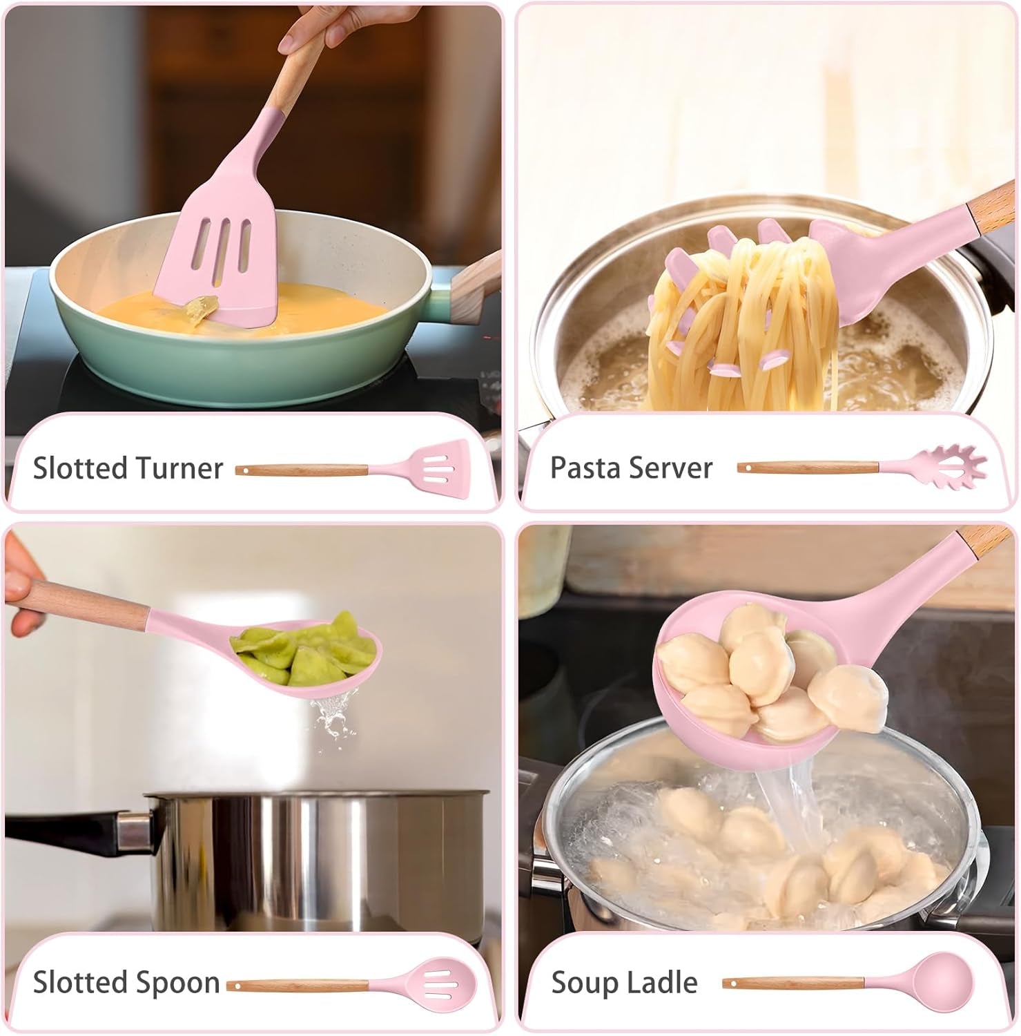 Silicone Cooking Utensils Set, 8-Piece Kitchen Cooking Utensil with Wooden Handle, Silicone Spatula for Nonstick Cookware, Heat-Proof & Easy Clean, Pink