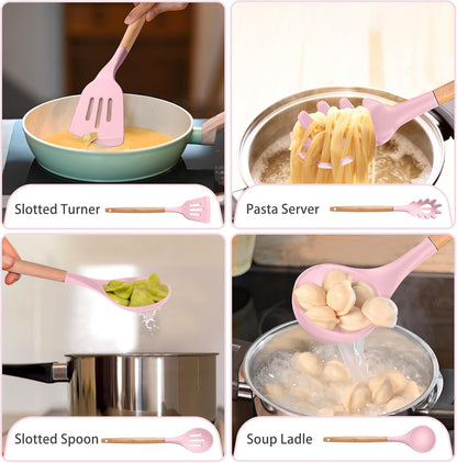 Silicone Cooking Utensils Set, 8-Piece Kitchen Cooking Utensil with Wooden Handle, Silicone Spatula for Nonstick Cookware, Heat-Proof & Easy Clean, Pink
