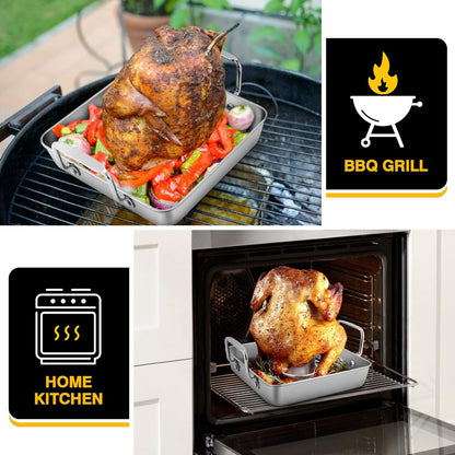 Beer Can Chicken Holder with Roasting Pan Set, 9-Inch Stainless Steel Square Baking Pan and Chicken Rack for Grilling, Heavy Duty & Dishwasher Safe, 2Pcs
