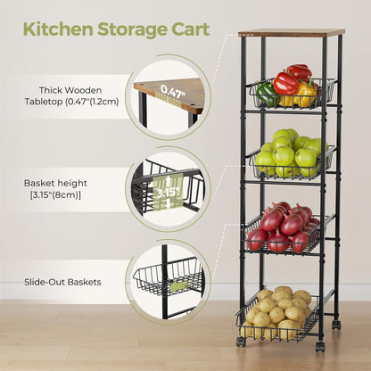 Fruit Vegetable Basket for Kitchen,5 Tier Kitchen Organizer and Storage Cart with Wheels,Slide-Out Baskets and Wood Top,Pantry Storage Cart W11-4/5*D16-7/16*H42-7/16