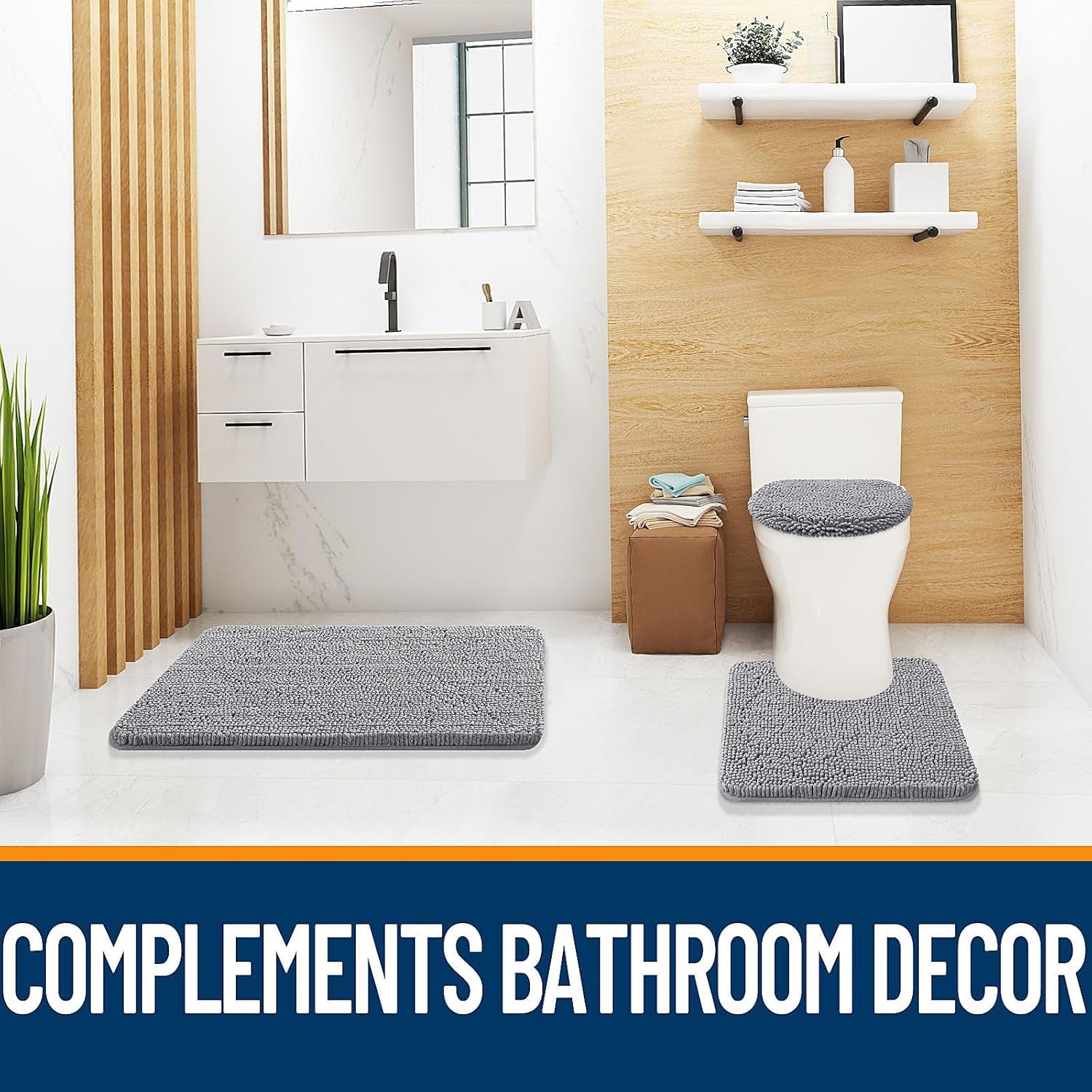 Soft Chenille Bathroom Toilet Lid Cover, Machine Washable Seat Covers, 17.5X15, Stays in Place Rubber Backing, Fits Most Round, Elongated and Oblong Lids, Accessories Decor, Gray