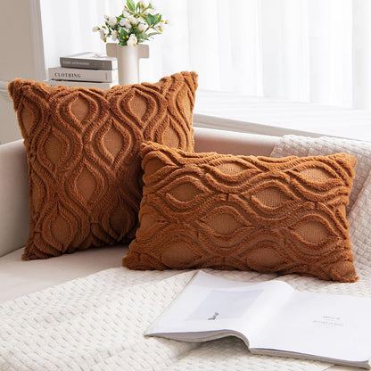Burnt Orange Fall Throw Pillow Covers 18X18 Inch, Soft Plush Faux Wool Solid Couch Pillows Set of 2, Decorative Farmhouse Boho Cushion Covers for Sofa Living Room Bed Home Decor