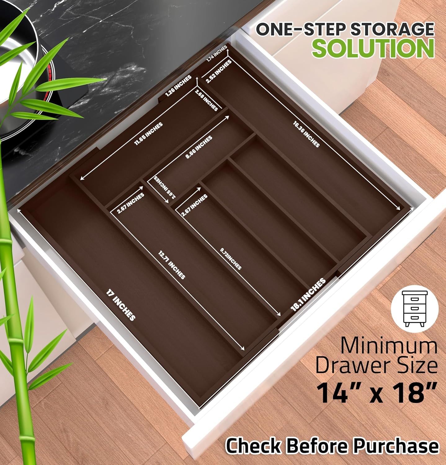 Expandable Drawer Organizer, Adjustable Kitchen Drawer Organizer, Bamboo Drawer Dividers Organizer for Kitchen, Silverware, Flatware, Living Room (Brown, 6-8 Compartment (1-Pack))