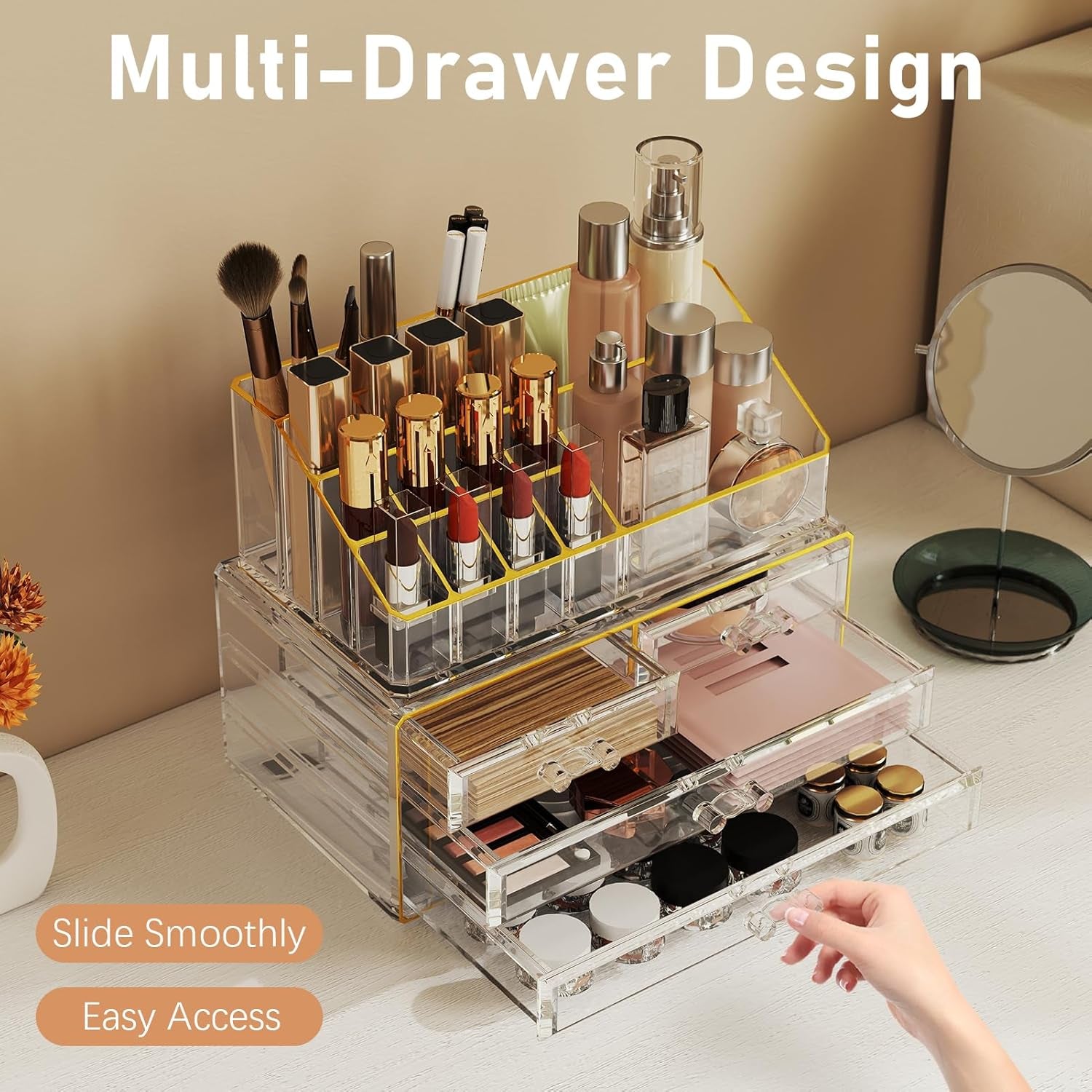 2Pc 4-Drawer Makeup Organizer Countertop Cosmetic Storage for Vanity | Bathroom | Skincare | Perfume Storage, Casual Pairing No Assembly, Ideal Gift for Women, Clear with Luxe Gold Trim