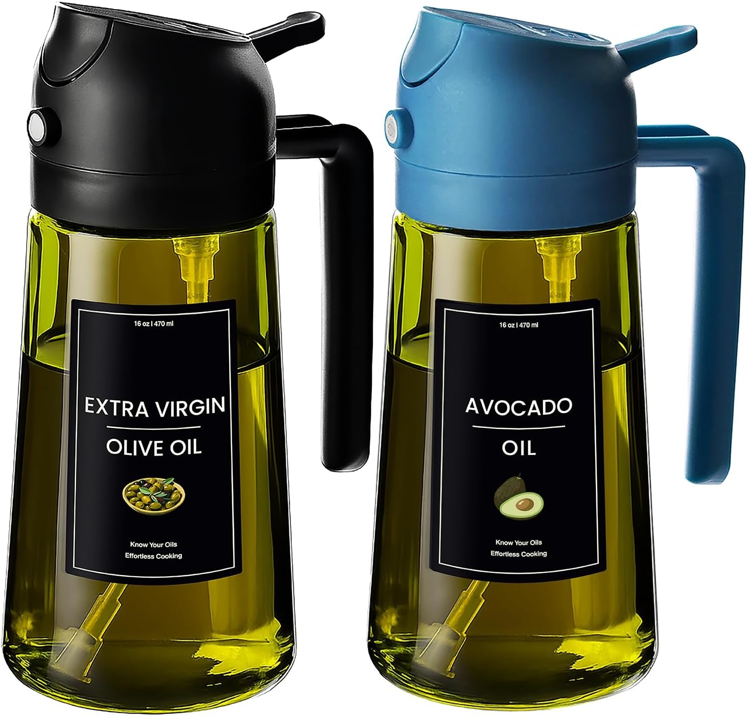 - 16Oz/470Ml Olive Oil Dispenser for Kitchen with Stickers - 2 in 1 Olive Oil Sprayer for Cooking, Air Fryer, and Salad, Black&Blue (Light-Proof Kitchen Gadget)