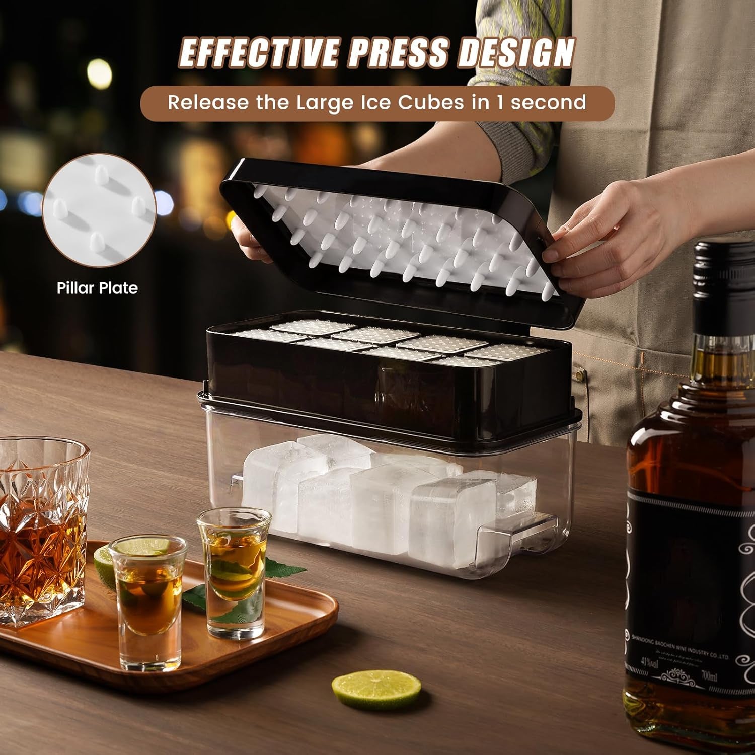 Large Ice Cube Tray with Lid and Bin, Ice Trays for Freezer, 2 INCH Whiskey Ice Cubes Mold, 2*8 Pcs Square Ice Cube Mold with Tong, Easy to Release, Large Ice Tray for Whiskey Cocktail Bourbon