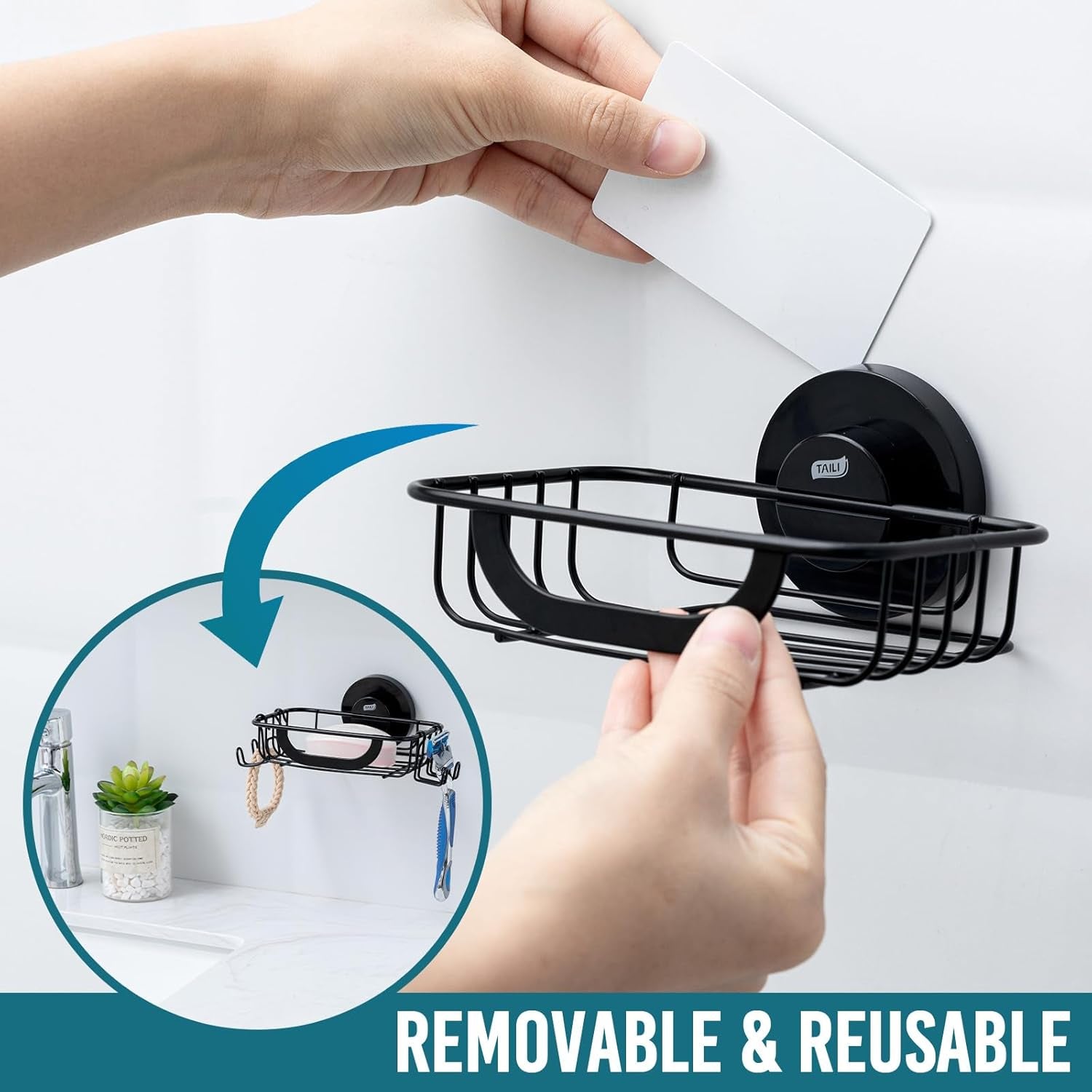 Soap Bar Holder Dish with Hooks, Shower Soap Tray Saver Suction Cup with Razor Holder for Wall, Rustproof Stainless Steel Bath Shampoo Caddy for Bathroom Accessories Organizer,Sink,Black