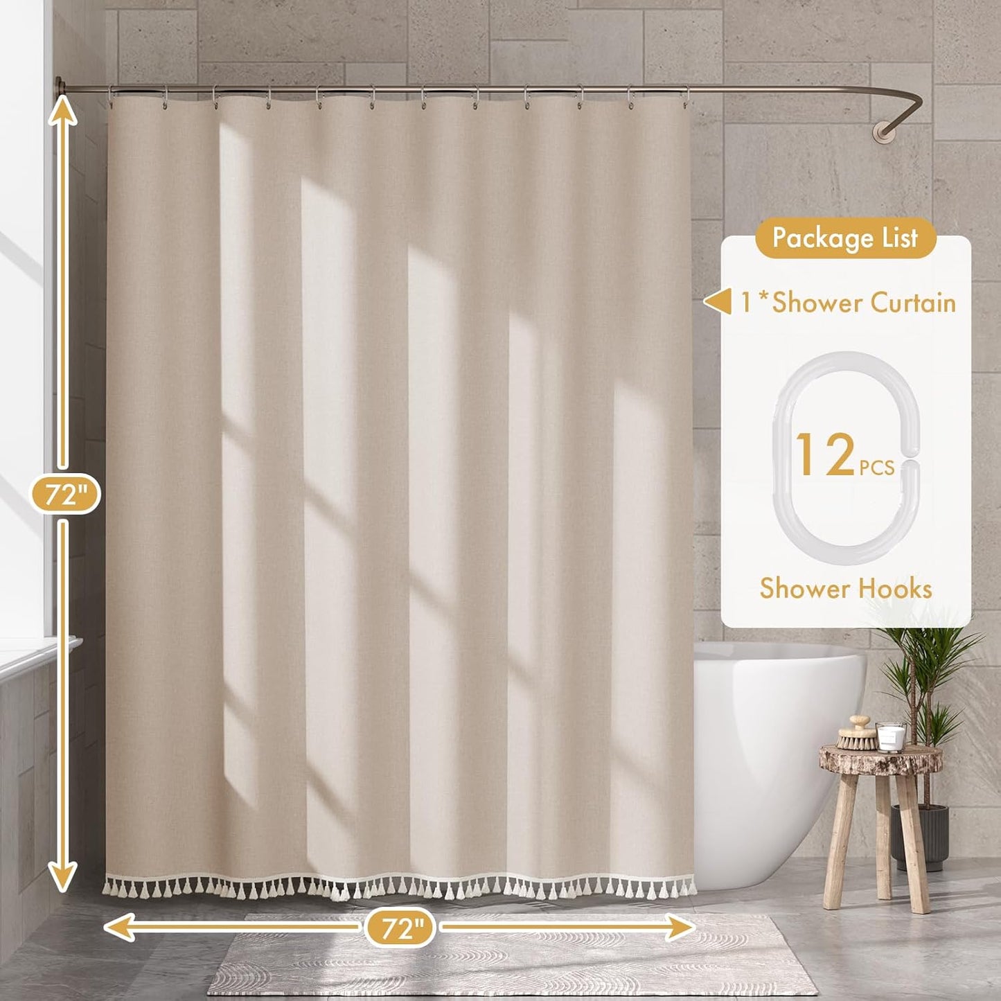 Boho Shower Curtain for Bathroom, 72X72 Beige Shower Curtain with Tassels, Modern Farmhouse Shower Curtain Set with Hooks, Neutral Faux Linen Light Tan Toned, Water Repellent