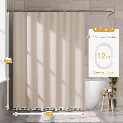 Boho Shower Curtain for Bathroom, 72X72 Beige Shower Curtain with Tassels, Modern Farmhouse Shower Curtain Set with Hooks, Neutral Faux Linen Light Tan Toned, Water Repellent