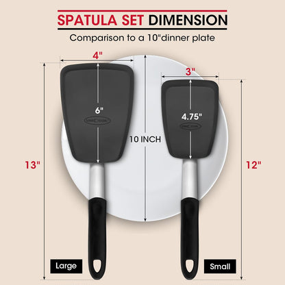2 Pack Flexible Silicone Spatula, Turner, 600F Heat Resistant, Ideal for Flipping Eggs, Burgers, Crepes and More, Black