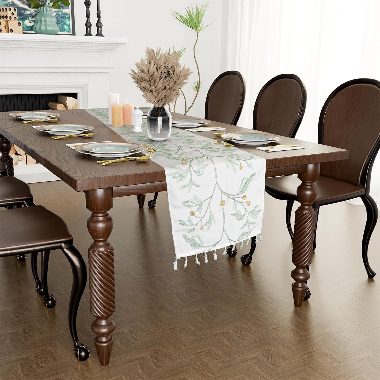 Boho Table Runner with Tassels,Burlap Table Runners 72 Inches Long Room Decor Aesthetic Rustic Farmhouse Summer Decorations for Living Room Green Tree Pattern (12X72 Inches)