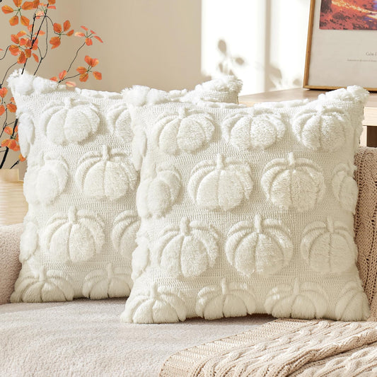 Autumn-Inspired Throw Pillow Covers 18x18 Set of 2 - Cream White Pumpkin Accent Pillowcases for Outdoor and Indoor Decor, Ideal for Sofa, Couch, Bed, and Living Room - Plush Faux Fur Halloween Farmhouse Home Accents