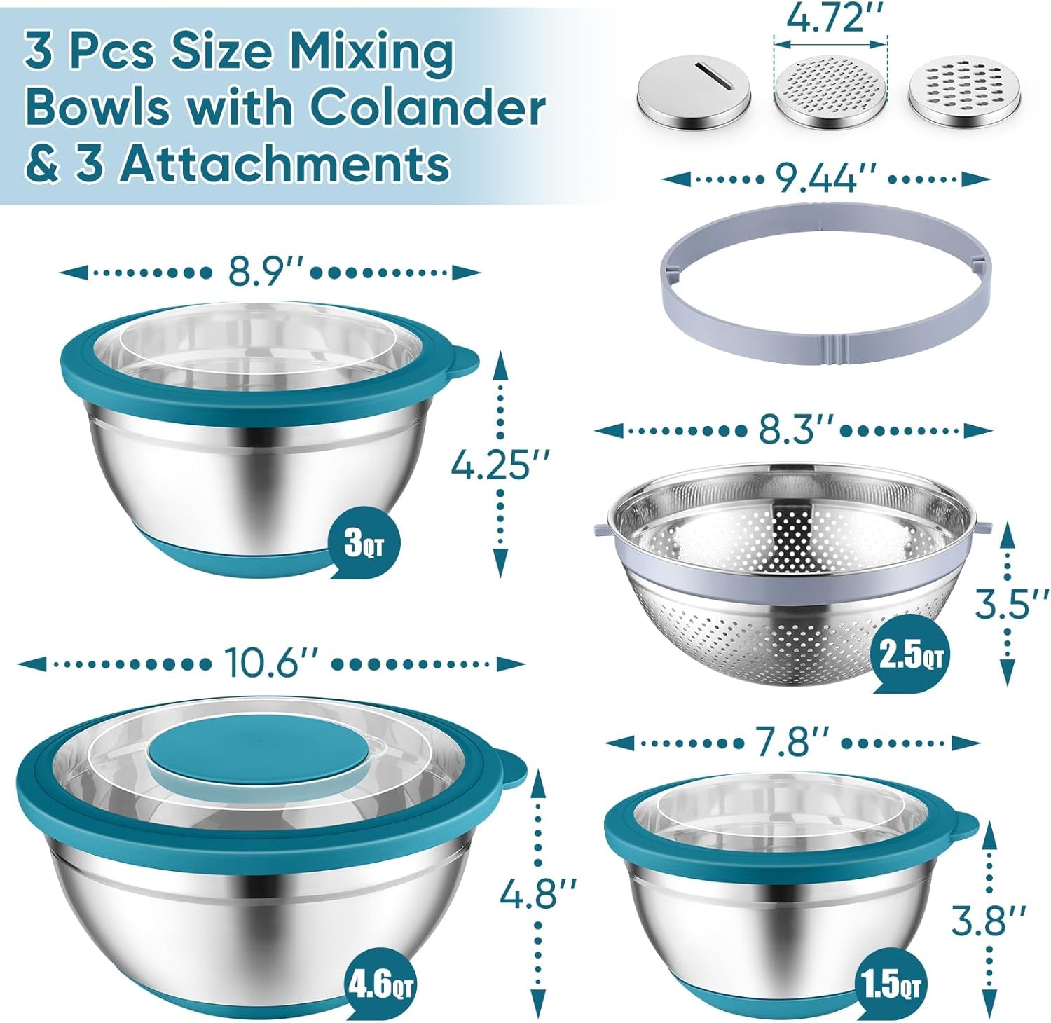 Mixing Bowls with Lids Set of 3, Stainless Steel Mixing Bowl and Colander for Kitchen, 3 Grater Attachments & Non-Slip Bottoms, Visible & Airtight Lid, Blue