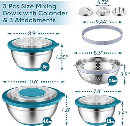 Mixing Bowls with Lids Set of 3, Stainless Steel Mixing Bowl and Colander for Kitchen, 3 Grater Attachments & Non-Slip Bottoms, Visible & Airtight Lid, Blue