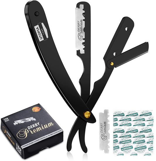Professional Straight Razor for Men, Barber Straight Edge Razor Safety with 100 Pack Blades, Black