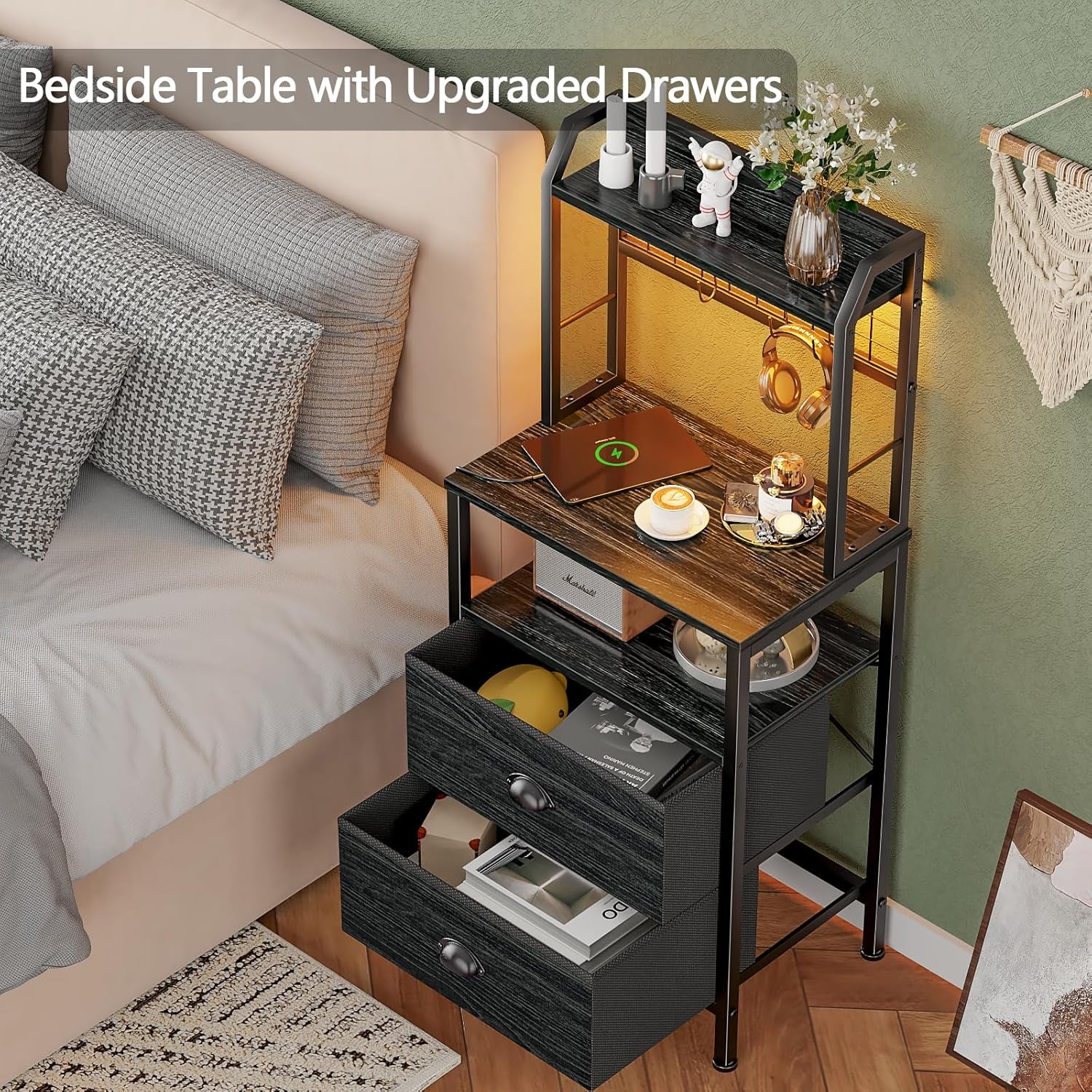 40'' Tall Nightstand with Charging Station, Bedside Table with LED Lights, End Table with 2 Drawers and Storage Shelves, Night Stand with Pegboard for Bedroom, Black Oak