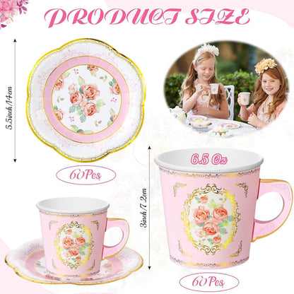 60 Sets of Floral Paper Tea Party Decorations - 6.5 Oz Disposable Teacups with Handles and Saucers for Hot and Cold Beverages - Pink Rustic Design for Birthday Celebrations