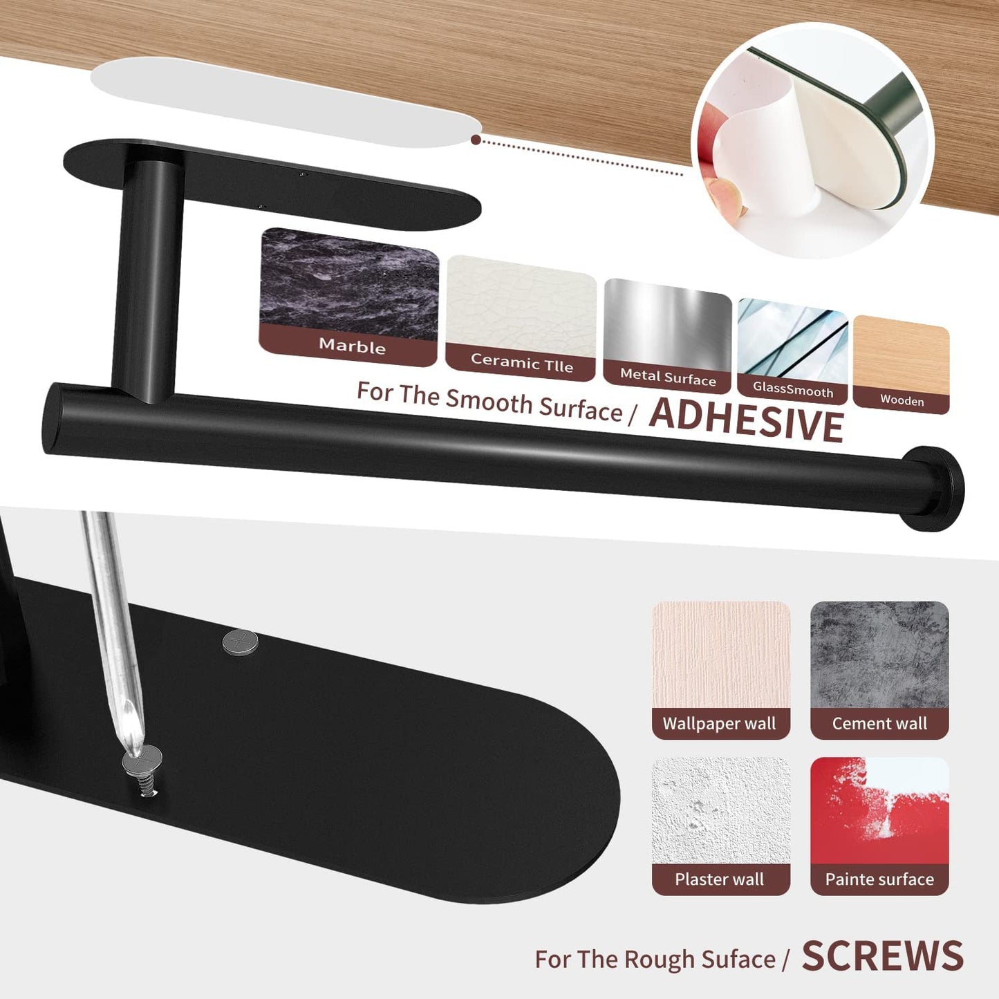 Paper Towel Holder under Cabinet Wall Mount for Kitchen Towel, Self-Adhesive Bar, Rack, SUS304 Stainless Steel 13 Inch (Blacka, 1)