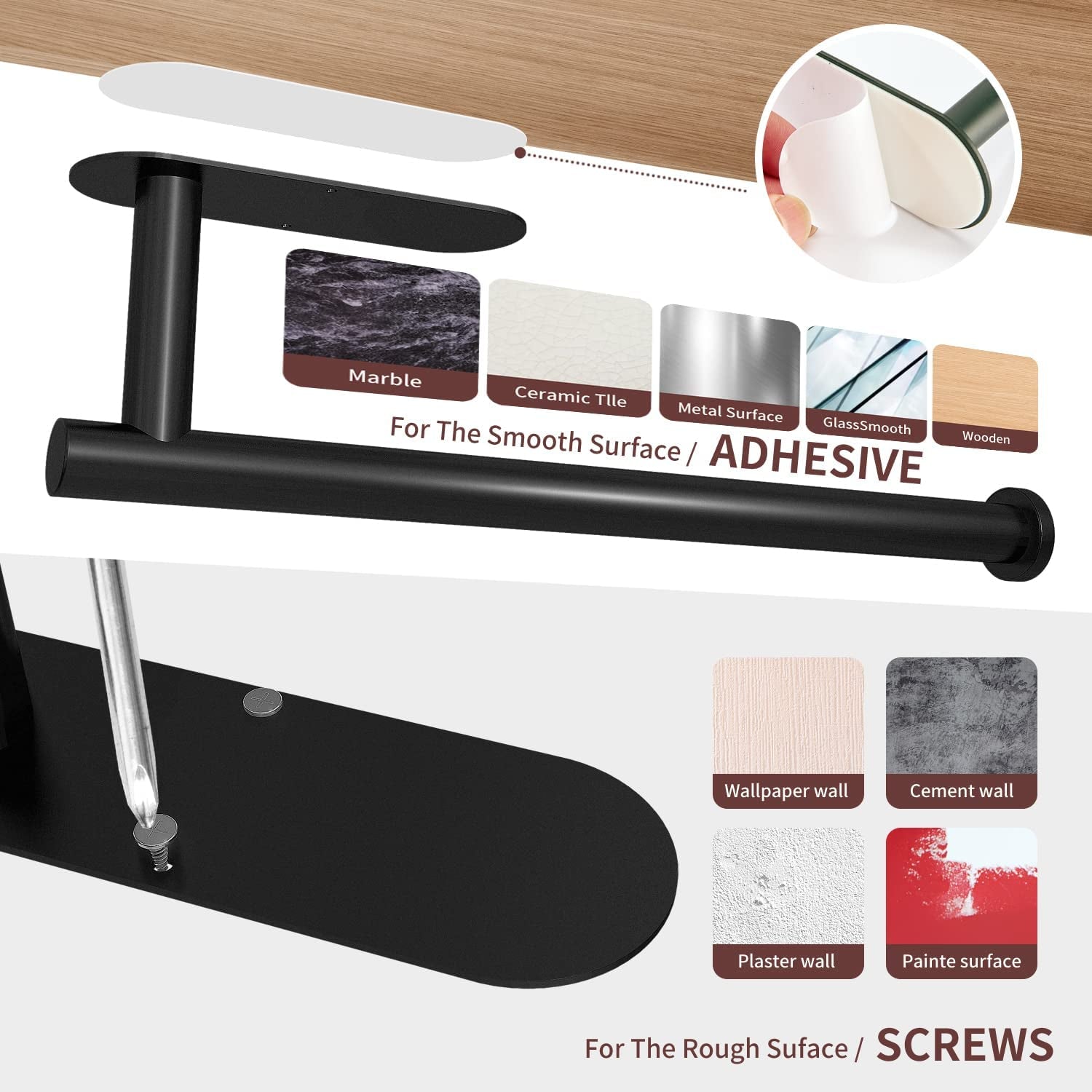 Paper Towel Holder under Cabinet Wall Mount for Kitchen Towel, Self-Adhesive Bar, Rack, SUS304 Stainless Steel 13 Inch (Blacka, 1)