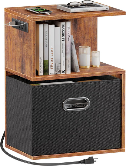 Nightstand with Charging Station and Drawer, 3 Tier End Table with Open Shelf, Wood S Shaped Bedside Table with Storage for Living Room/Bedroom/Small Space, Rustic Brown