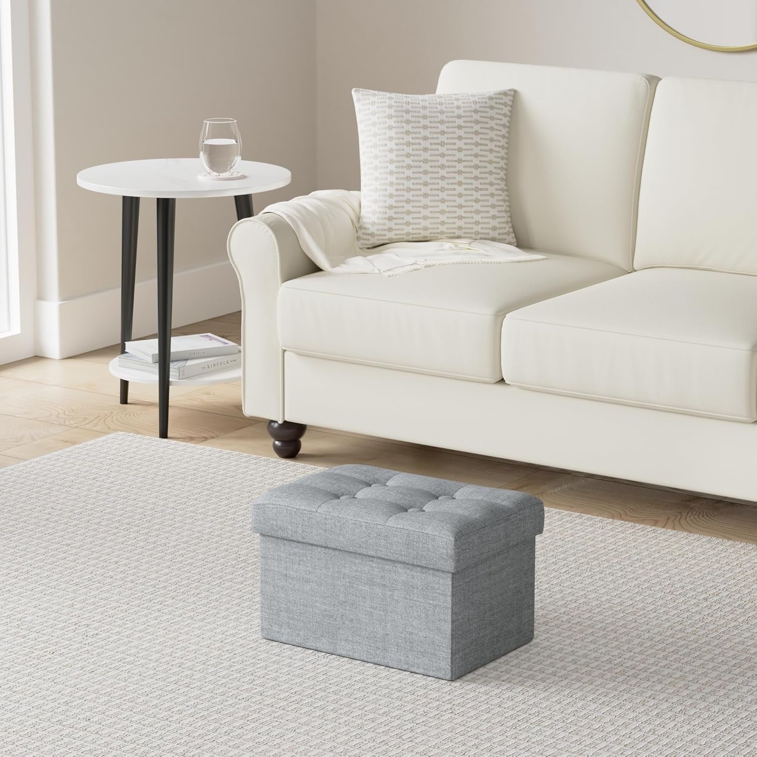 Compact Linen Storage Ottoman and Footrest in Light Gray - 16"x12"x12