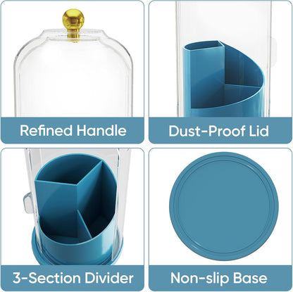 Toothbrush Holders with 360° Smooth Rotating Base, 3 Slots Bathroom Organizer Countertop with Sliding Lid, Brush Toothpaste Holder Makeup Brush Organizer for Vanity, Blue