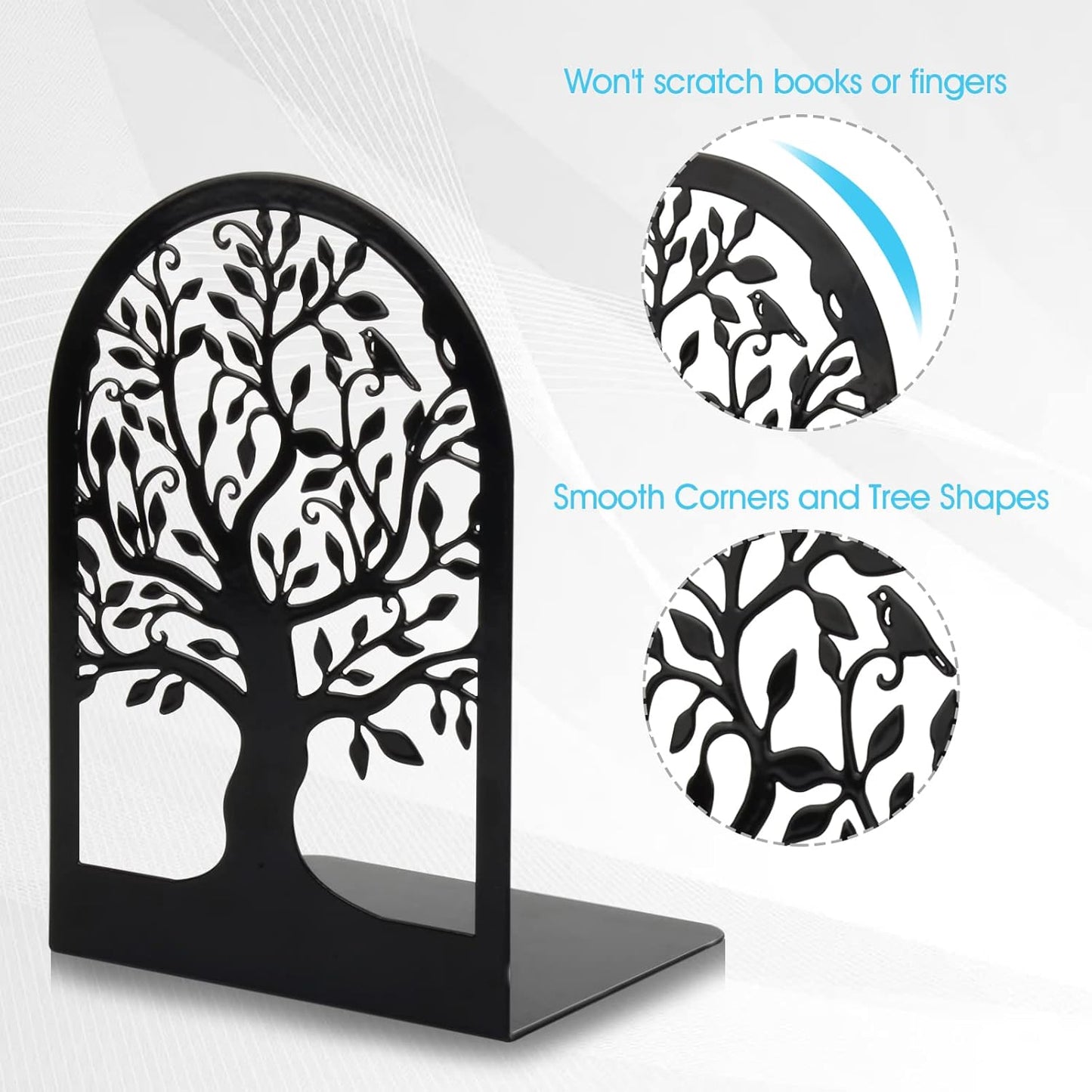 Book Ends, Metal Bookends for Shelves Decorative, Tree Stopper for Heavy Books, Black Ends to Hold Books for Home Office, 6.5 X 4.7 X 3.5 Inch(3 Pairs/6 Pcs, Large)