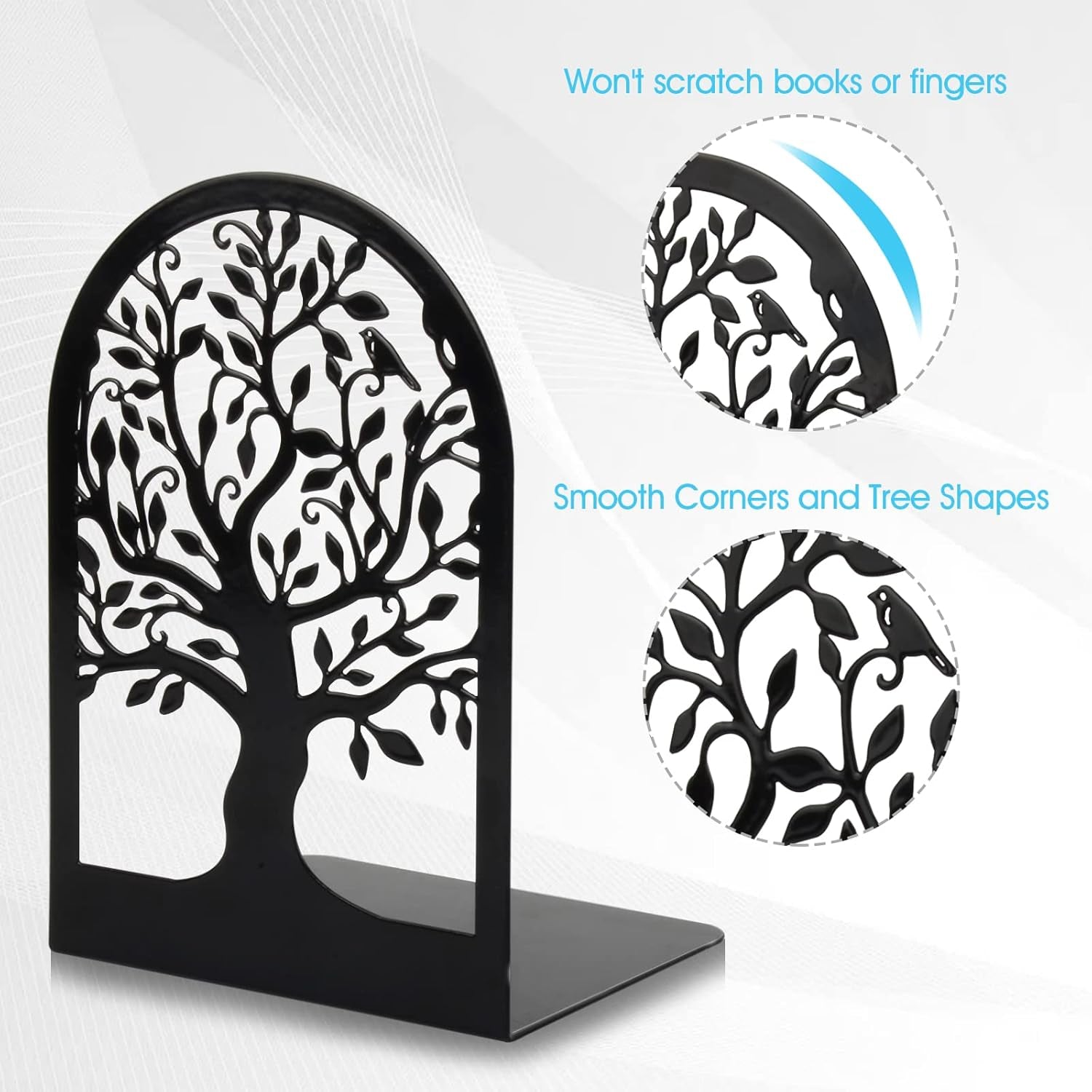 Book Ends, Metal Bookends for Shelves Decorative, Tree Stopper for Heavy Books, Black Ends to Hold Books for Home Office, 6.5 X 4.7 X 3.5 Inch(3 Pairs/6 Pcs, Large)