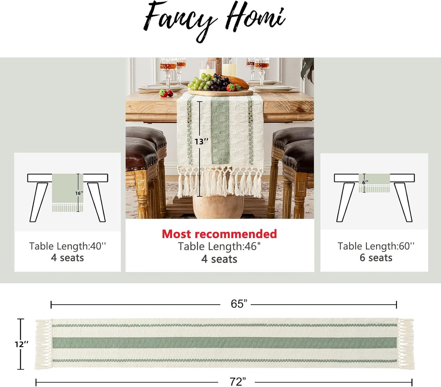 Sage Green Table Runner 72 Inches Long Boho Macrame Table Runner for Home Decor, Farmhouse Table Runners with Tassels for Party Bohemian Rustic Bridal Shower Dining Decor 12X72 Inches