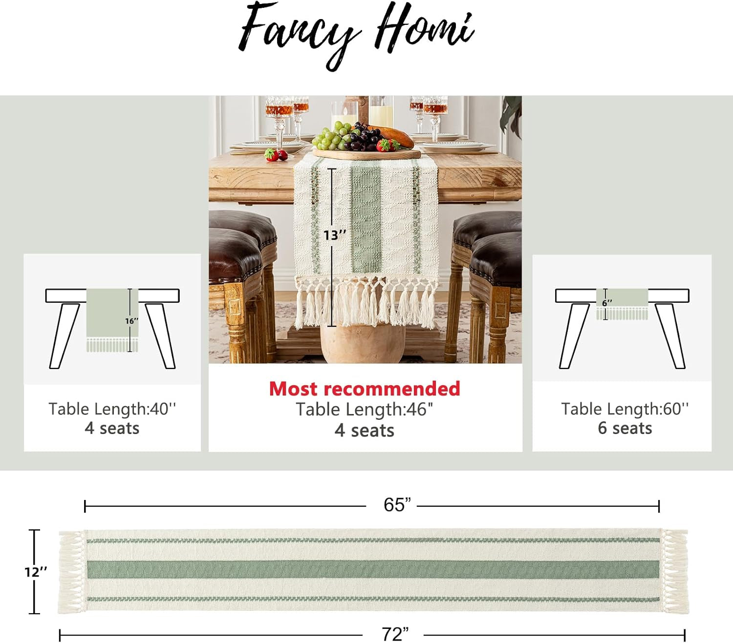 Sage Green Table Runner 72 Inches Long Boho Macrame Table Runner for Home Decor, Farmhouse Table Runners with Tassels for Party Bohemian Rustic Bridal Shower Dining Decor 12X72 Inches